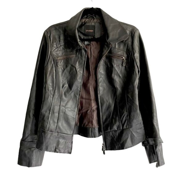 SPANNER Faux Leather Zip Front Moto Biker Jacket Dark Brown S - Picture 1 of 8